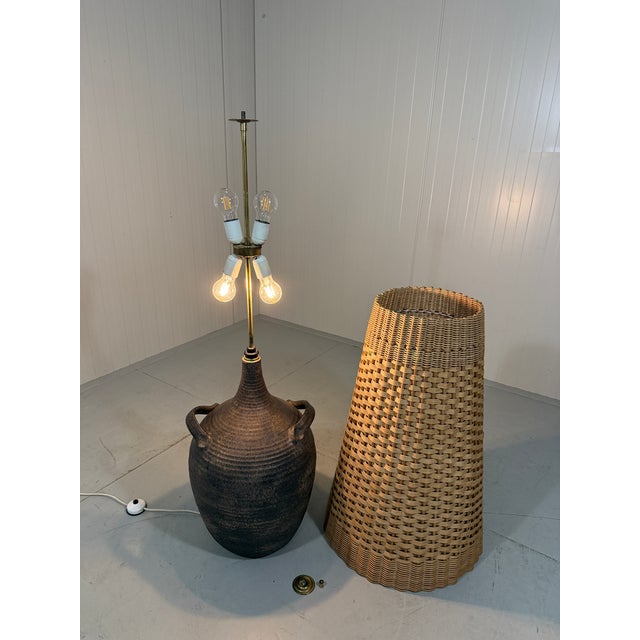 Brown Large Pottery Amphora Floor Lamp with Caned Lamp Shade, 1960s For Sale - Image 8 of 18