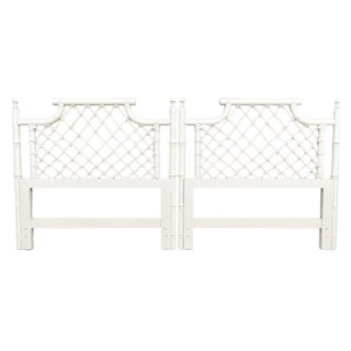 White Ficks Reed Vintage Pagoda Style Lattice Twin Rattan Faux Bamboo Headboards - A Pair For Sale