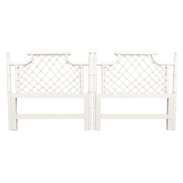 White Ficks Reed Vintage Pagoda Style Lattice Twin Rattan Faux Bamboo Headboards - A Pair For Sale