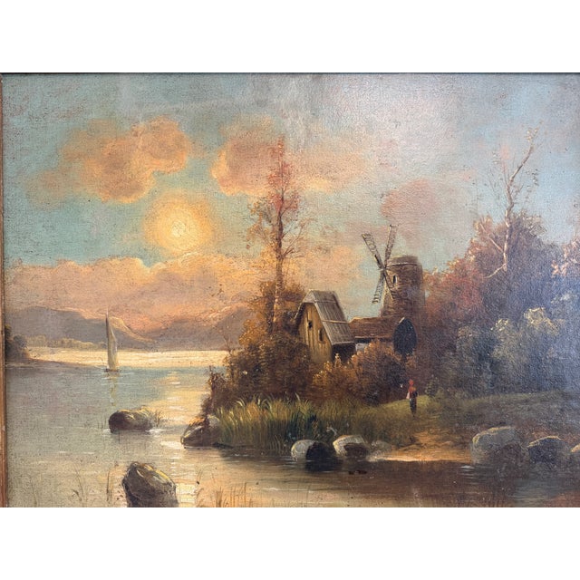 Antique European Romantic Lakeside Landscape With Windmill, Attr. To H. Volpini For Sale - Image 11 of 15