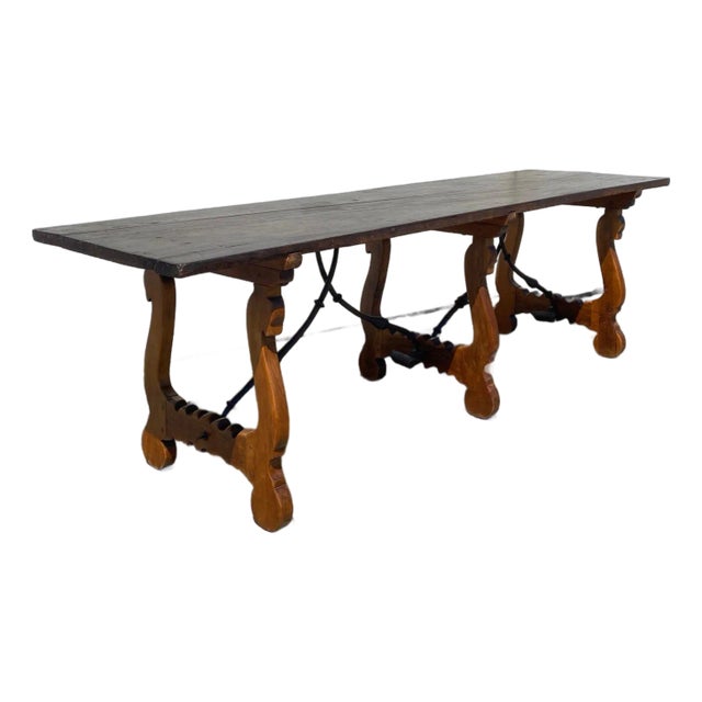 19th Century Spanish Fratino Single Plank Top Monumental Lyre Base Dining Table For Sale