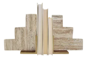 Matthew Izzo Home - Steps Travertine Marble Bookend Pair With Brass Detail