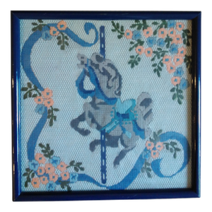 1990s Carousel Horse Needlepoint Picture in Blue Frame Under Glass