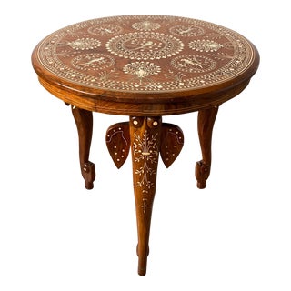 1970s Anglo-Indian Hardwood Carved Elephant and Peacock Bone Inlay End Table For Sale