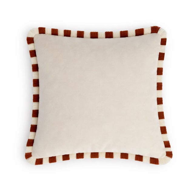 Bicolor White Velvet Cushion with Brick and White Fringes from Lo Decor For Sale - Image 9 of 9