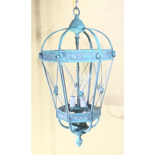 Vintage Style Solid Brass Verdigris Hanging Lantern - Restored & Rewired / 23”h For Sale - Image 17 of 18