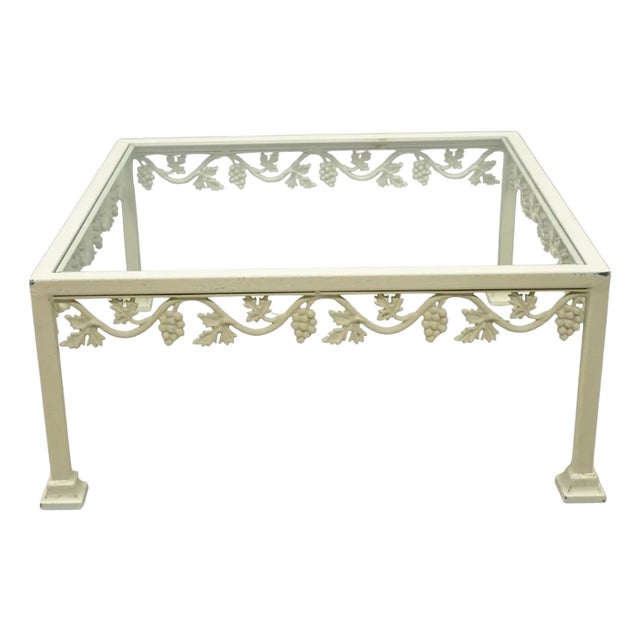 Vintage Woodard Style White Wrought Iron "Grapevine" Square Glass Coffee Table For Sale