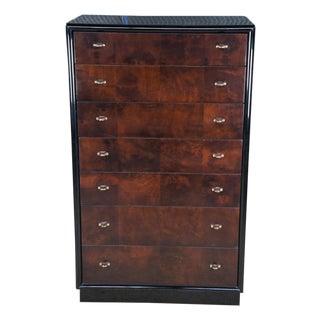 1980s Henredon Scene Three Art Deco Style Walnut Burl Black Lacquer Tallboy Dresser For Sale
