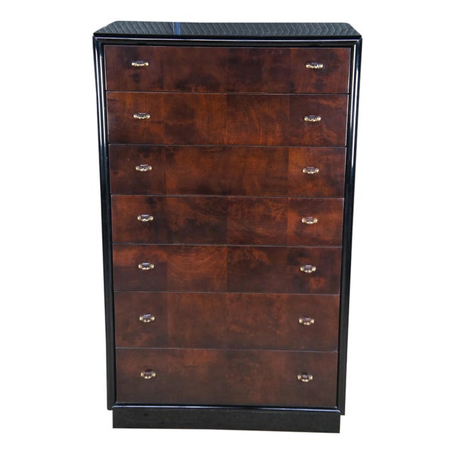 1980s Henredon Scene Three Art Deco Style Walnut Burl Black Lacquer Tallboy Dresser For Sale