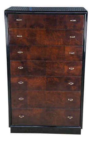 1980s Henredon Scene Three Art Deco Style Walnut Burl Black Lacquer Tallboy Dresser