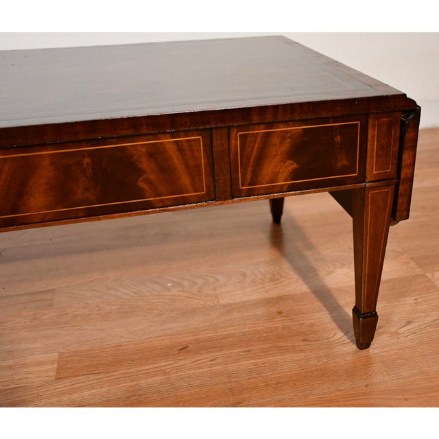 Wood 1930s Weiman English Regency Flame Mahogany Inlay Leather Top Drop Leaf Coffee Table For Sale - Image 7 of 18