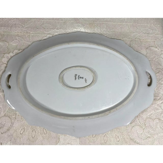 Ceramic 1930s Hermann Ohme "Élyseé" Oval Platter - Pink & Green Underglaze Roses - Pink & Green Roses on White, Gold Trim For Sale - Image 7 of 9