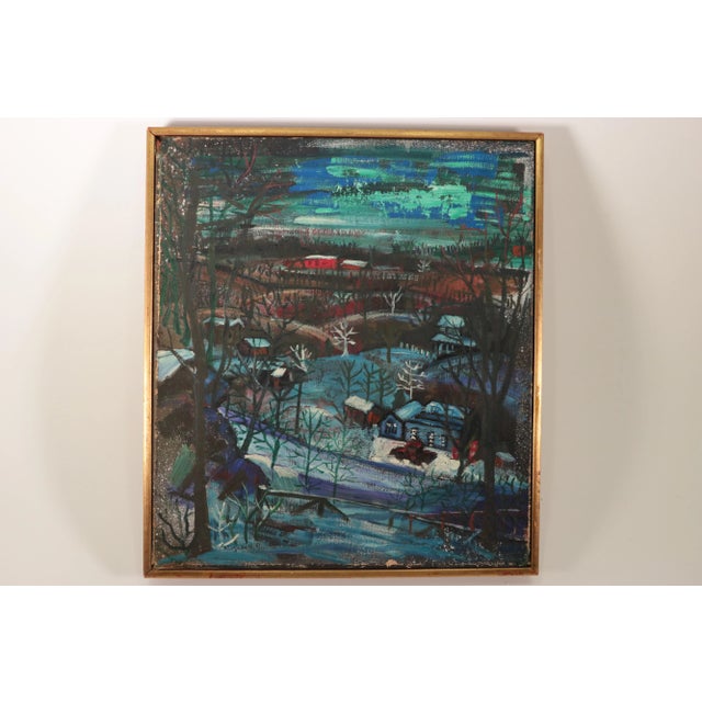 Blue Country Snow Original Mid Century Naive Painting For Sale - Image 8 of 10