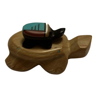 2000s Zuni Fetish by Peter Natachu, Tan Stone, Jet & Turquoise Turtle on Turtle Figurine, Signed. For Sale