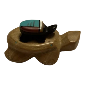 2000s Zuni Fetish by Peter Natachu, Tan Stone, Jet & Turquoise Turtle on Turtle Figurine, Signed.