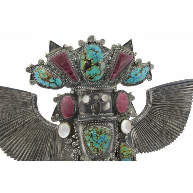 Metal Michael Little Elk Sterling Silver Turquoise Kachina Eagle Dancer Sculpture For Sale - Image 7 of 13