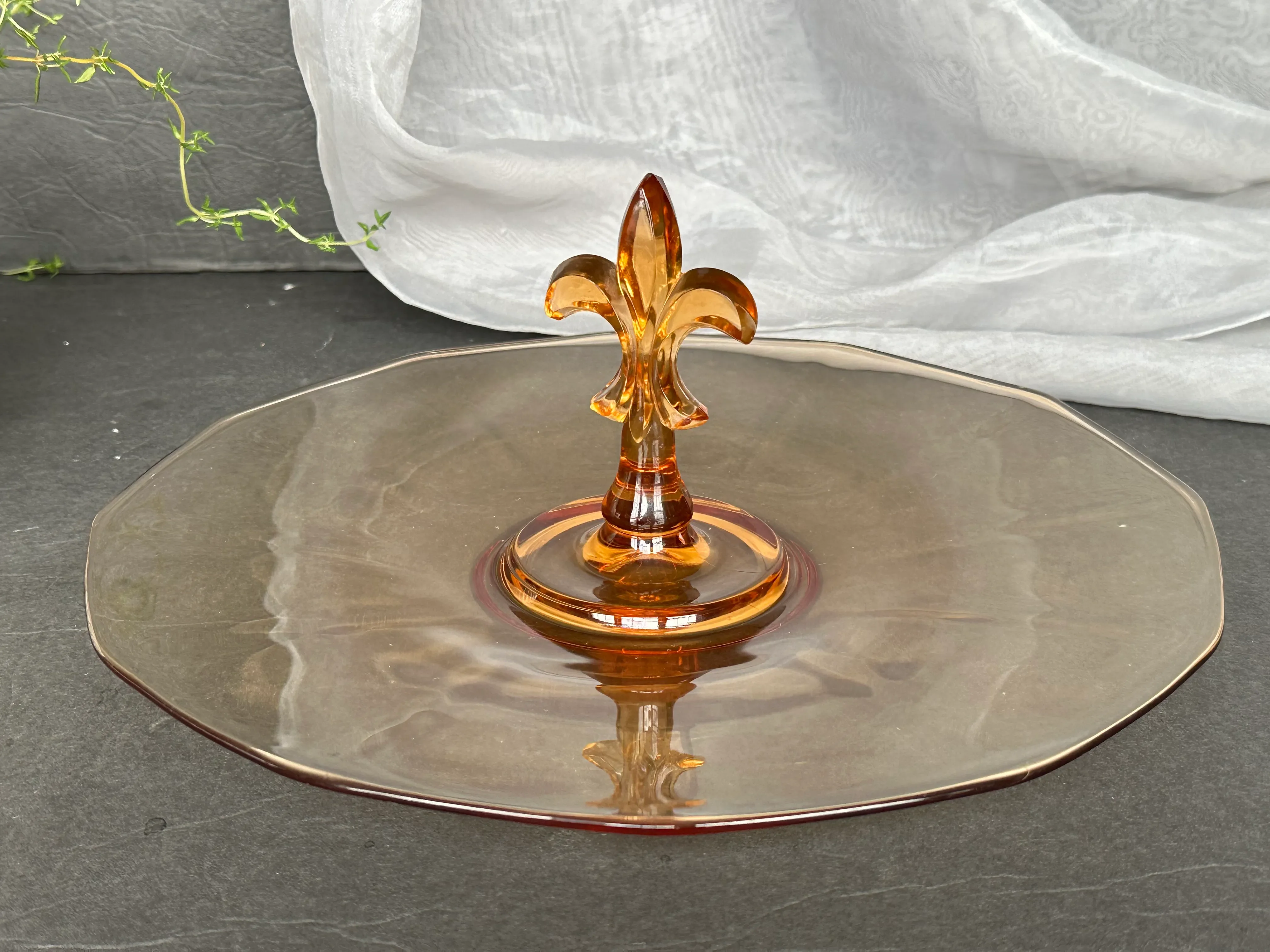 Vintage Glass Serving Tray With Fleur De Lis Handle | Chairish