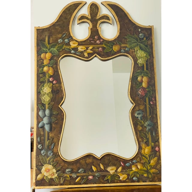 Italian Gorgeous 20 Th C Italian Handpainted Mirror With Fleur De Lis Fruits Floweers For Sale - Image 3 of 10