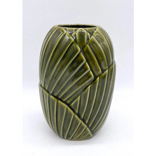 Vintage Boho Chic Green Ceramic Leaf Vase For Sale - Image 9 of 9