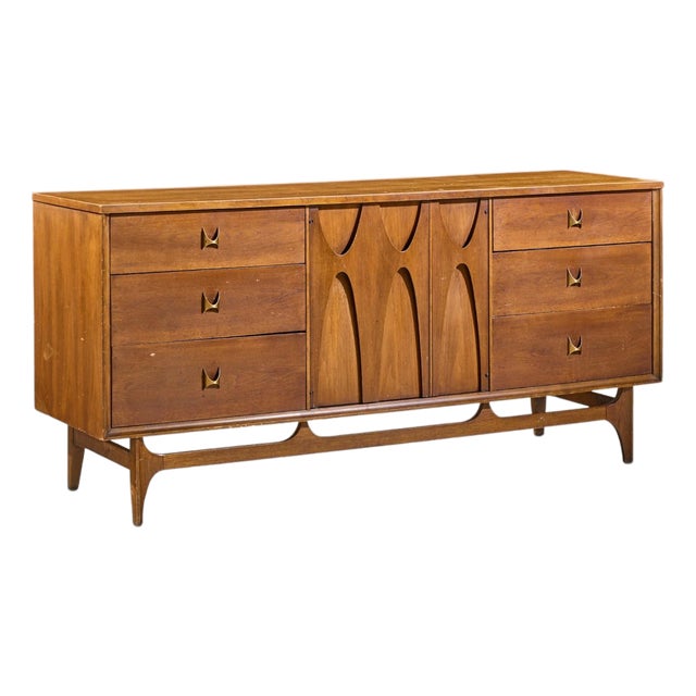 Broyhill Brasilia Mid Century Walnut and Brass 9 Drawer Lowboy Dresser For Sale
