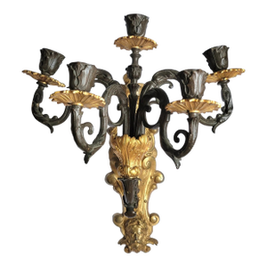 Antique 19thc French Empire Gilt & Patinated Bronze 5 Light Candelabra Wall Sconce - Male Mask