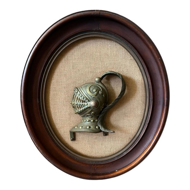 Late 19th Century Framed Brass Knight Helmet Mounted on Burlap For Sale