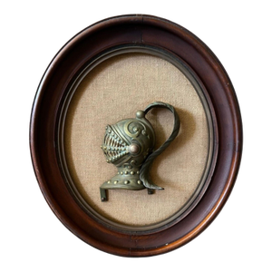 Late 19th Century Framed Brass Knight Helmet Mounted on Burlap