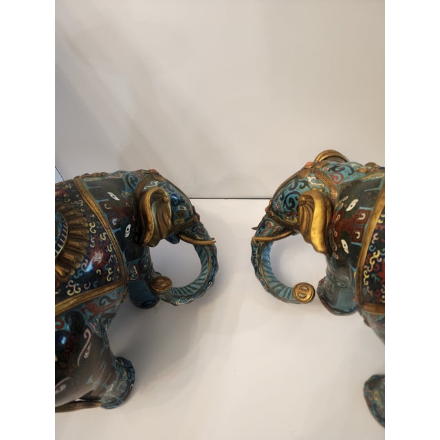 Asian 18th Century Important Pair Gilt Bronze and Cloisonne Elephant Altar Candle Holders For Sale - Image 3 of 13