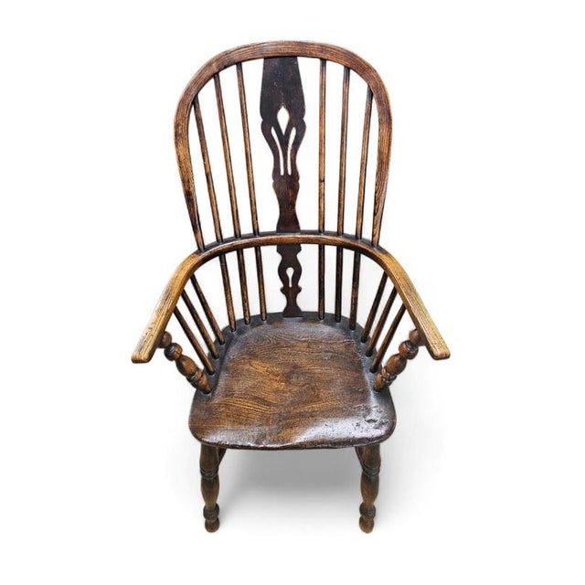 Antique Windsor High Spindle Back Armchairs in Elm Wood, 1800s, Set of 4 For Sale - Image 6 of 16