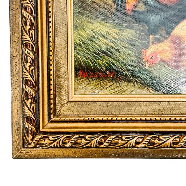 Wood Late 20th Century Framed Rustic Chickens & Rooster Trio in Barnyard Oil Painting For Sale - Image 7 of 8