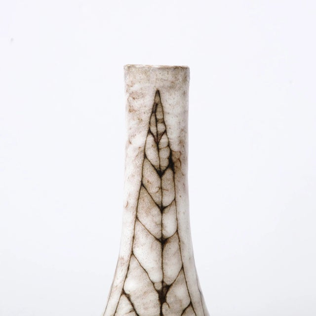Ceramic Mid-Century Modernist White and Earth Toned Tapered Ceramic Vase With Leaf Motif For Sale - Image 7 of 13