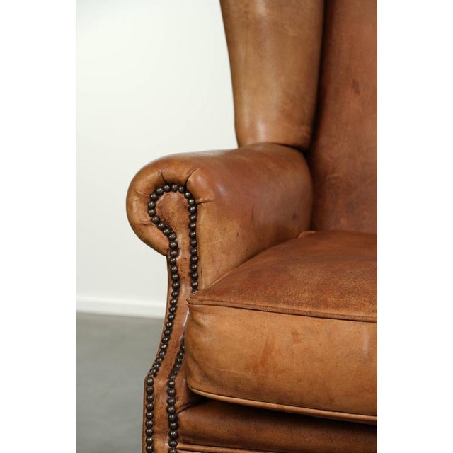 English Sheepskin Wing Armchair in Light Cognac Color For Sale - Image 10 of 13