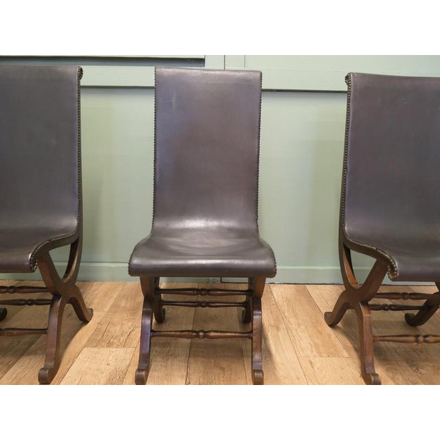 Mid-Century Modern Leather and Oak Fireside Sling Chairs by Pierre Lottier, 1970, Set of 3 For Sale - Image 3 of 8
