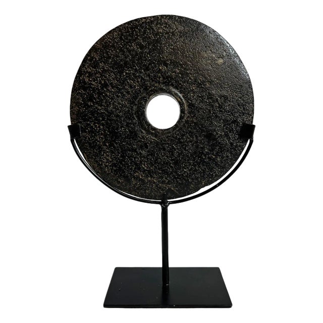 Vintage Modern Minimalist Black Stone Disk Wheel on Stand For Sale