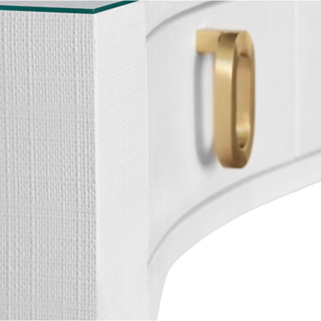 Worlds Away Matthew Izzo Home Gladys White Textured Linen Three Drawer Desk With Brass Hardware and Glass Top For Sale - Image 4 of 6