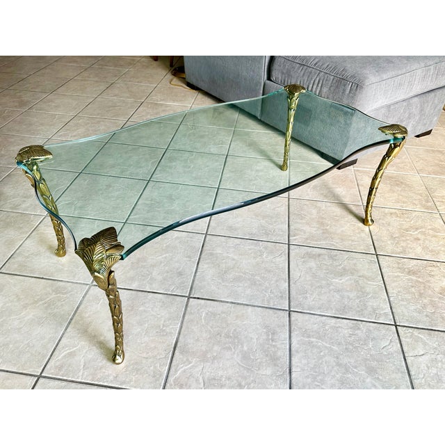 1970s Mid Century p.e. Guerin Style Brass & Glass Coffee Table With Frond Legs For Sale - Image 5 of 16