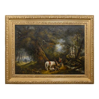 Early 20th Century Large Oil Painting of Men with Horse and Dogs in Landscape, Turn of the Century For Sale