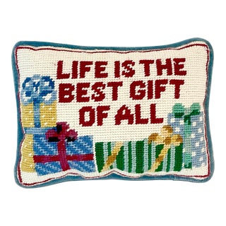 Mid-Century Americana Boho Chic Christmas Needlepoint Gift Pillow For Sale