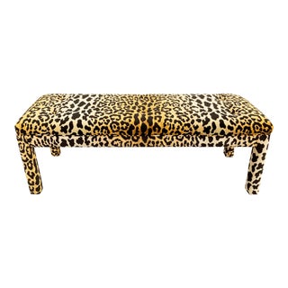 Vintage 1980's Tufted Parsons Bench W/ Velvet Leopard Print Upholstery For Sale