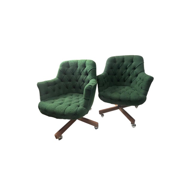 1970s Vintage Green Jack Cartwright Truffled Back Swiveling Club Chairs For Sale - Image 5 of 6