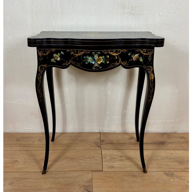 Chinese Black Lacquer Games Table with Hand-Painted Floral Decoration For Sale - Image 13 of 18