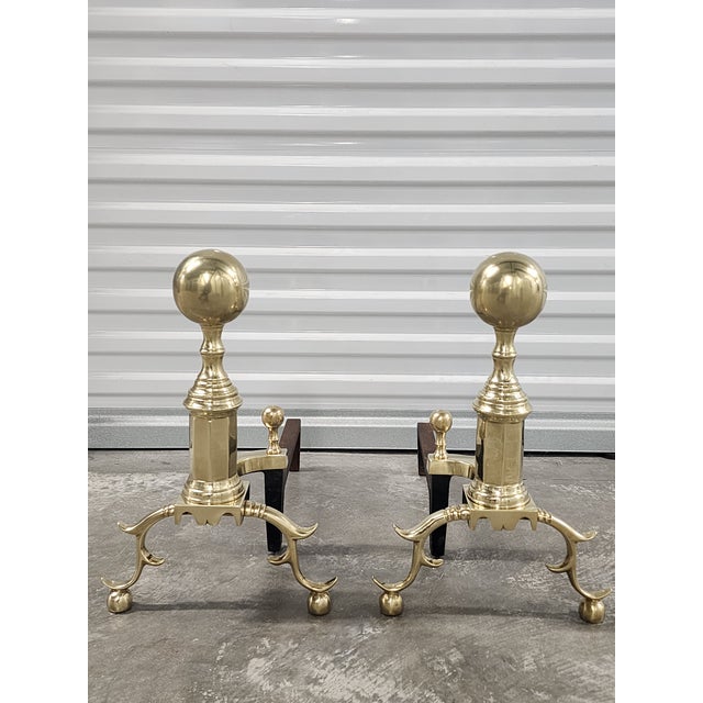 Traditional Vintage Federal Style Large Brass Andirons - A Pair For Sale - Image 3 of 13