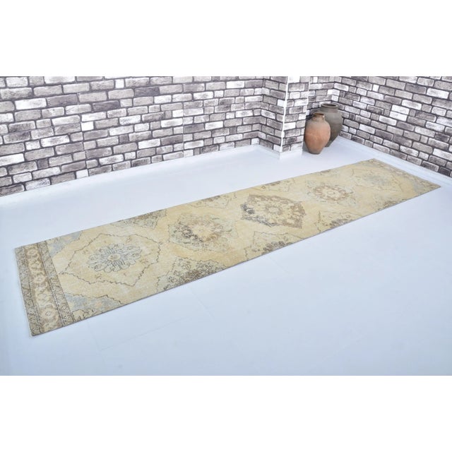 1960s 1960s Yellow Khaki Color Distressed Faded Log Runner Rug For Sale - Image 5 of 11