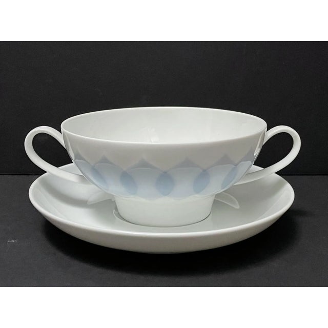 1960s 1960s Modern Bjorn Wiinblad for Rosenthal Lotus Azure Light Blue and White China Footed Cream Soup Bowls With Saucers - Service for 12 For Sale - Image 5 of 13