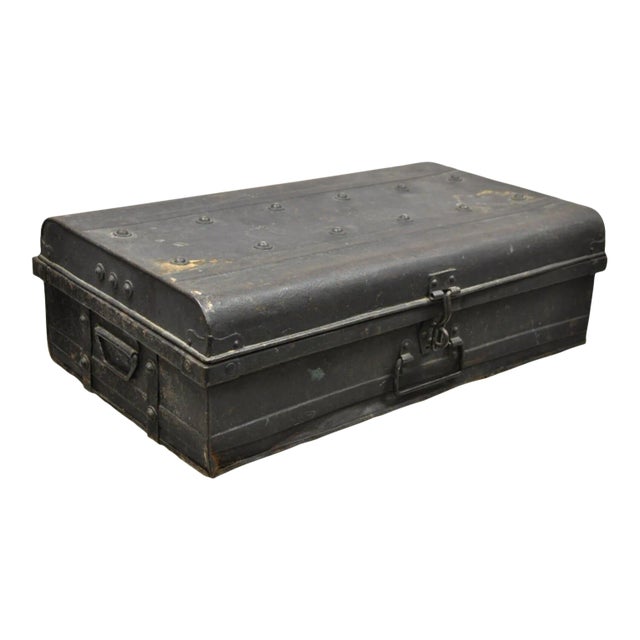 Antique Art Deco Steel Metal Military Weapons Black Storage Travel Trunk For Sale