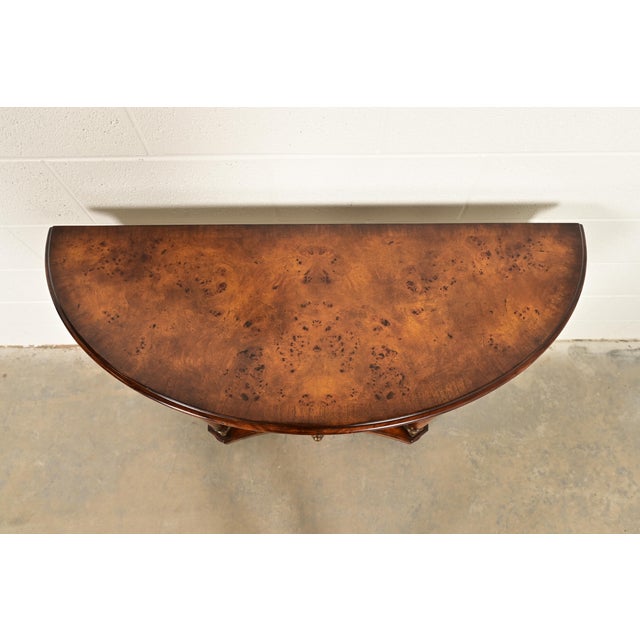 Maitland Smith Style French Empire Burl Wood and Gold Gilt Demilune Console Table For Sale - Image 11 of 15