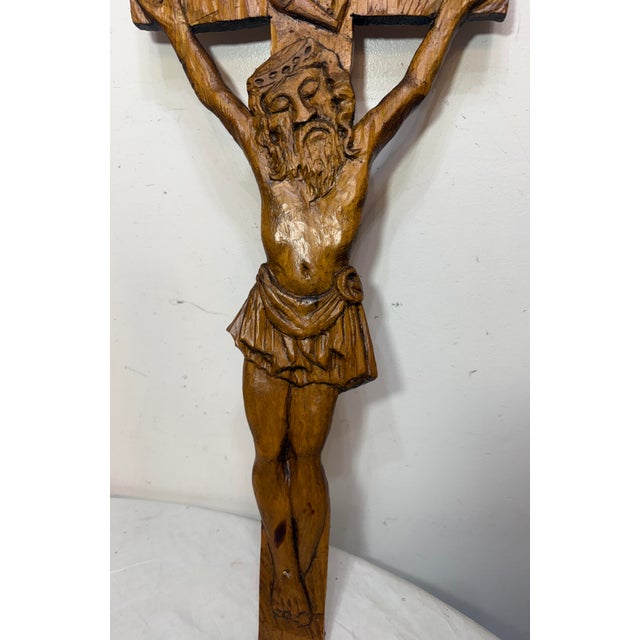 Folk Art Big Vintage Hand Carved Wood Folk Art Religious Jesus Crucified Cross Sculpture For Sale - Image 3 of 15