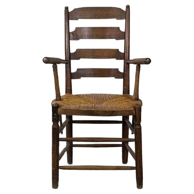 French Wood Oak and Straw Chair with Armrests Decorations, 1890s For Sale