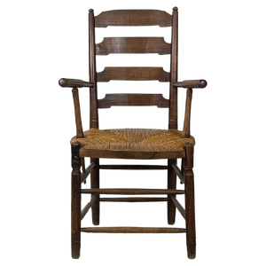 French Wood Oak and Straw Chair with Armrests Decorations, 1890s