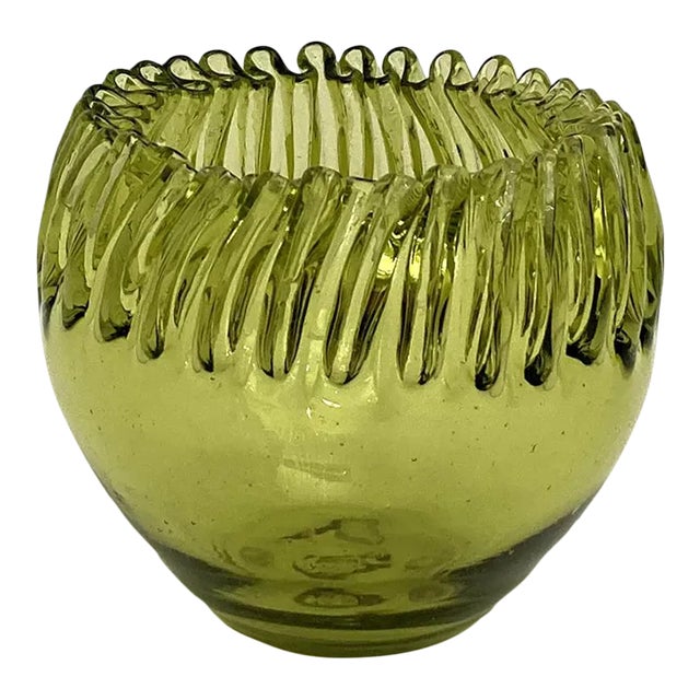 Vintage Blenko Ruffled Edge Bowl in Olive Green, 1960s For Sale